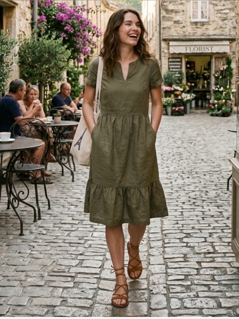 NWOT Pact Canopy Linen Blend Tiered Midi Dress Khaki Green Notch Neck XS